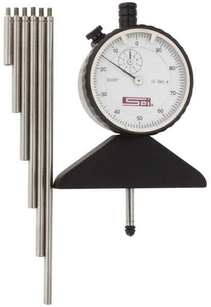 SPI - 0 to 22 Inch Range, Steel, White Dial Depth Gage - 0.001 Inch Graduation, 0.001 Inch Accuracy, 1 Inch Travel, 3.2 Inch Base Measuring Length - Exact Industrial Supply