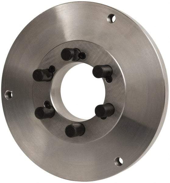 Buck Chuck Company - Adapter Back Plate for 12" Diam Self Centering Lathe Chucks - D1-8 Mount, 2" Through Hole Diam, 10.221mm ID, 12.6" OD, 0.989" Flange Height, Steel - Exact Industrial Supply