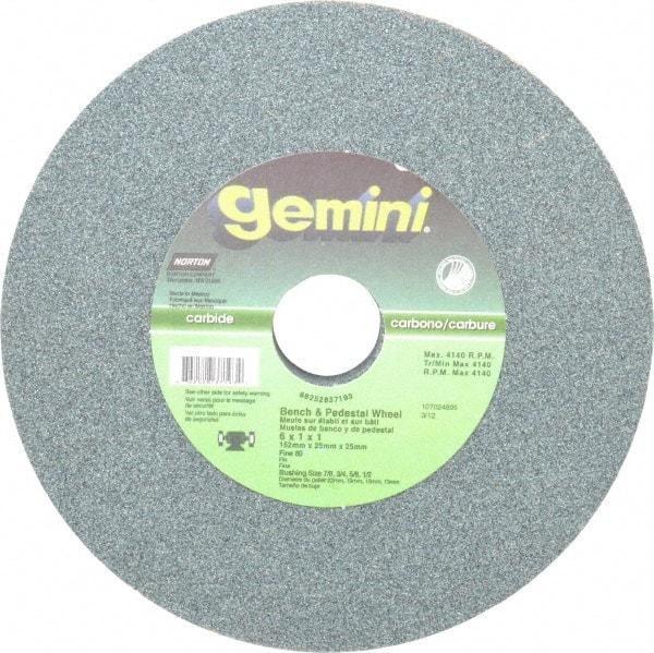 Norton - 80 Grit Silicon Carbide Bench & Pedestal Grinding Wheel - 6" Diam x 1" Hole x 1" Thick, 4140 Max RPM, Medium Grade - Exact Industrial Supply