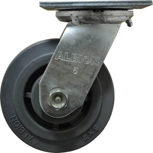 Albion - 5" Diam x 2" Wide x 6-1/2" OAH Top Plate Mount Swivel Caster - Soft Rubber, 350 Lb Capacity, Roller Bearing, 4 x 4-1/2" Plate - Exact Industrial Supply