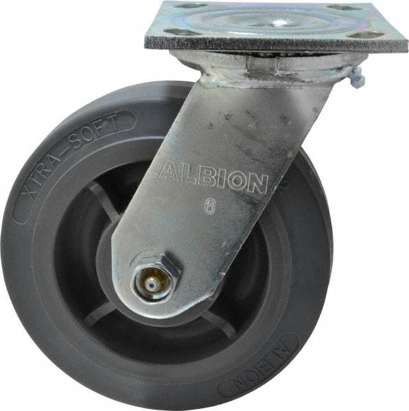 Albion - 6" Diam x 2" Wide x 7-1/4" OAH Top Plate Mount Swivel Caster - Soft Rubber, 600 Lb Capacity, Roller Bearing, 4 x 4-1/2" Plate - Exact Industrial Supply