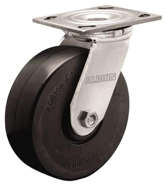Albion - 8" Diam x 2" Wide x 9-1/2" OAH Top Plate Mount Swivel Caster - Rubber, 500 Lb Capacity, Roller Bearing, 4 x 4-1/2" Plate - Exact Industrial Supply
