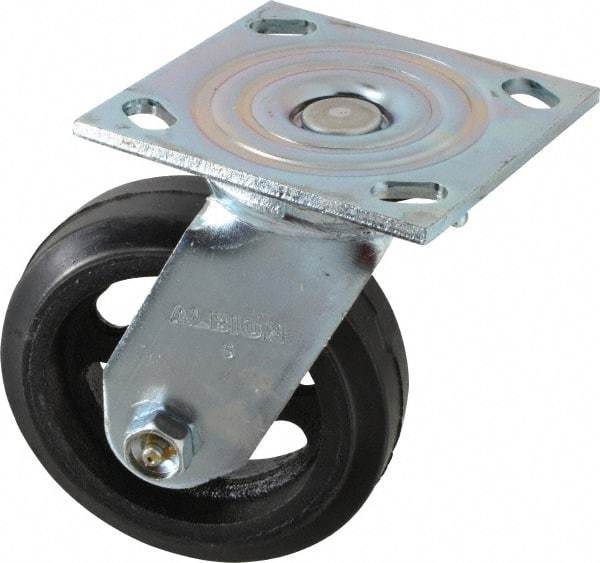 Albion - 5" Diam x 1-1/2" Wide x 6-1/2" OAH Top Plate Mount Swivel Caster - Rubber, 300 Lb Capacity, Roller Bearing, 4 x 4-1/2" Plate - Exact Industrial Supply