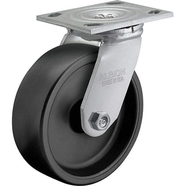 Albion - 8" Diam x 2" Wide x 9-1/2" OAH Top Plate Mount Swivel Caster - Polypropylene, 850 Lb Capacity, Roller Bearing, 4 x 4-1/2" Plate - Exact Industrial Supply