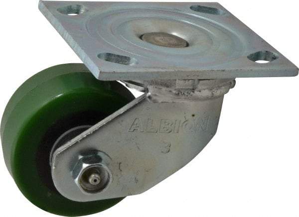 Albion - 3-1/4" Diam x 1-5/8" Wide x 4-1/4" OAH Top Plate Mount Swivel Caster - Polyurethane, 420 Lb Capacity, Roller Bearing, 4 x 4-1/2" Plate - Exact Industrial Supply