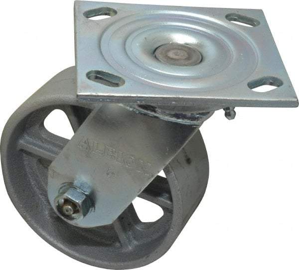 Albion - 5" Diam x 2" Wide x 6-1/2" OAH Top Plate Mount Swivel Caster - Cast Iron, 1,000 Lb Capacity, Roller Bearing, 4 x 4-1/2" Plate - Exact Industrial Supply