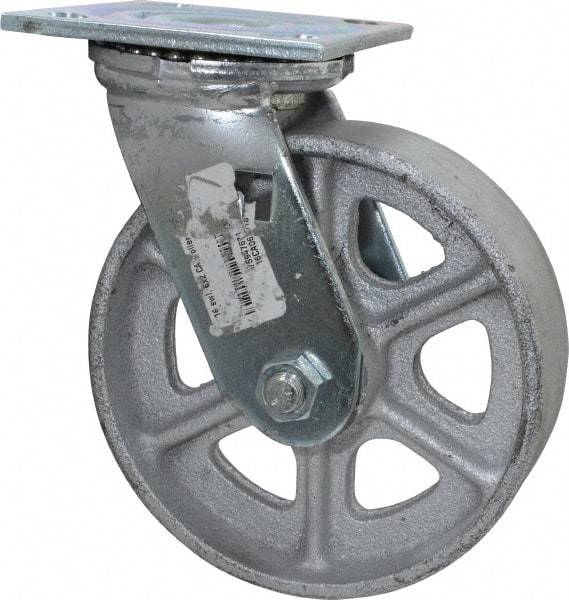 Albion - 6" Diam x 2" Wide x 7-1/4" OAH Top Plate Mount Swivel Caster - Cast Iron, 1,200 Lb Capacity, Roller Bearing, 4 x 4-1/2" Plate - Exact Industrial Supply