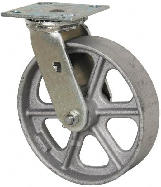 Albion - 8" Diam x 2" Wide x 9-1/2" OAH Top Plate Mount Swivel Caster - Cast Iron, 1,250 Lb Capacity, Roller Bearing, 4 x 4-1/2" Plate - Exact Industrial Supply