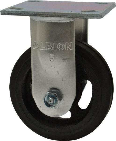 Albion - 5" Diam x 1-1/2" Wide x 6-1/2" OAH Top Plate Mount Rigid Caster - Rubber, 300 Lb Capacity, Roller Bearing, 4 x 4-1/2" Plate - Exact Industrial Supply
