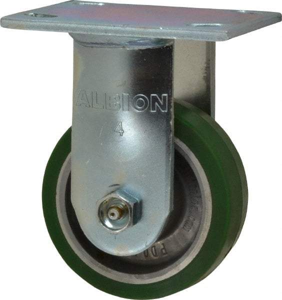 Albion - 4" Diam x 1-1/2" Wide x 5-5/8" OAH Top Plate Mount Rigid Caster - Polyurethane, 600 Lb Capacity, Roller Bearing, 4 x 4-1/2" Plate - Exact Industrial Supply