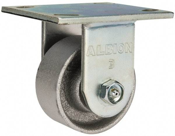 Albion - 3-1/4" Diam x 1-1/2" Wide x 4-1/4" OAH Top Plate Mount Rigid Caster - Cast Iron, 400 Lb Capacity, Roller Bearing, 4 x 4-1/2" Plate - Exact Industrial Supply
