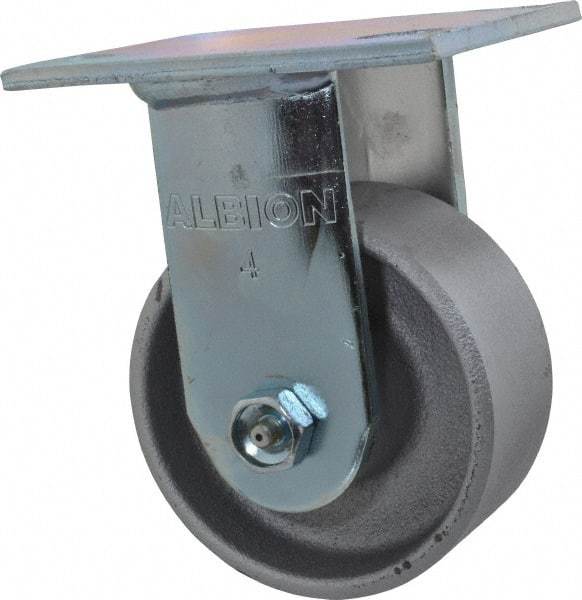 Albion - 4" Diam x 2" Wide x 5-5/8" OAH Top Plate Mount Rigid Caster - Cast Iron, 700 Lb Capacity, Roller Bearing, 4 x 4-1/2" Plate - Exact Industrial Supply