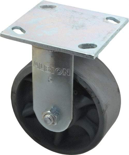 Albion - 5" Diam x 2" Wide x 6-1/2" OAH Top Plate Mount Rigid Caster - Cast Iron, 900 Lb Capacity, Roller Bearing, 4 x 4-1/2" Plate - Exact Industrial Supply