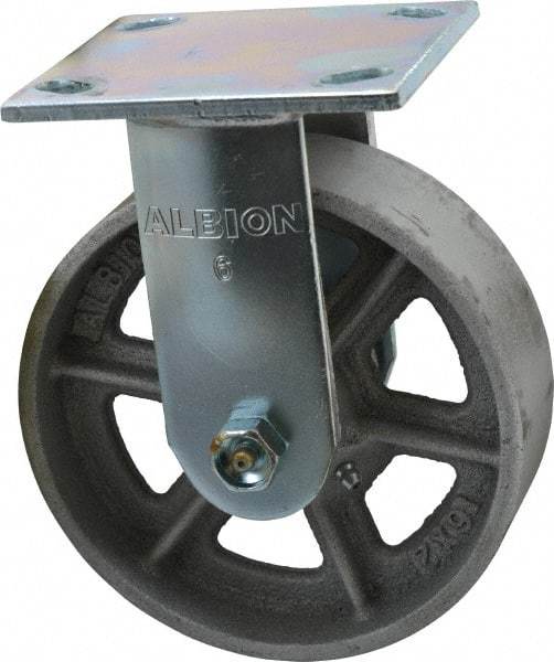 Albion - 6" Diam x 2" Wide x 7-1/4" OAH Top Plate Mount Rigid Caster - Cast Iron, 900 Lb Capacity, Roller Bearing, 4 x 4-1/2" Plate - Exact Industrial Supply