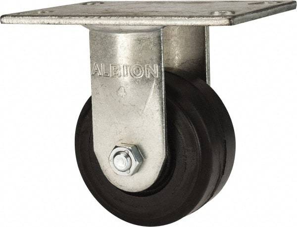 Albion - 4" Diam x 2" Wide x 5-5/8" OAH Top Plate Mount Rigid Caster - Rubber, 350 Lb Capacity, Roller Bearing, 4-1/2 x 6-1/4" Plate - Exact Industrial Supply
