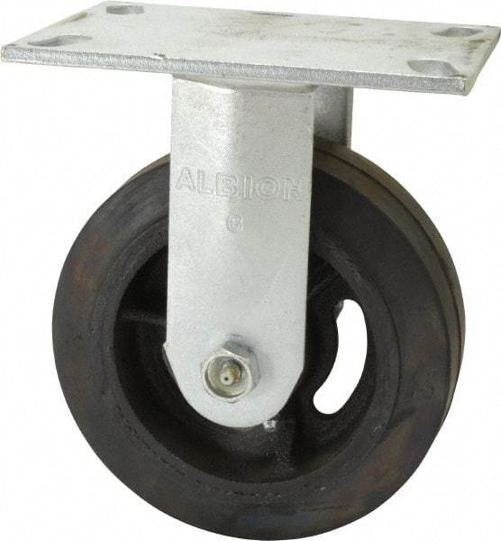 Albion - 6" Diam x 2" Wide x 7-1/2" OAH Top Plate Mount Rigid Caster - Rubber, 1,400 Lb Capacity, Roller Bearing, 4-1/2 x 6-1/4" Plate - Exact Industrial Supply