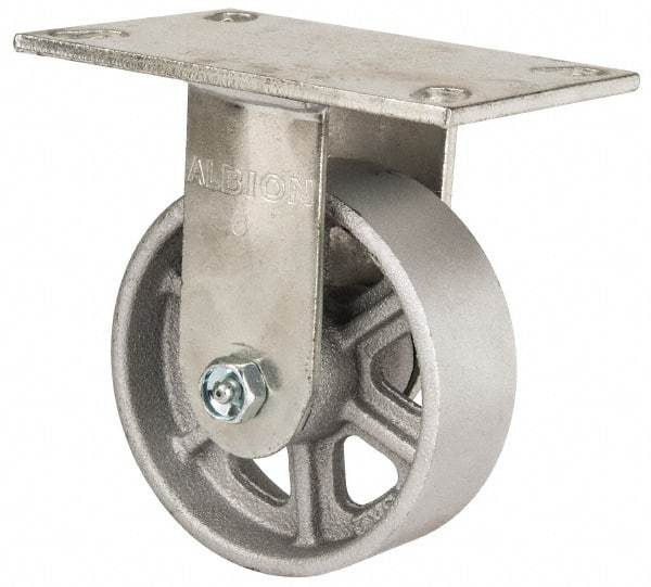 Albion - 5" Diam x 2" Wide x 6-1/2" OAH Top Plate Mount Rigid Caster - Cast Iron, 1,400 Lb Capacity, Roller Bearing, 4-1/2 x 6-1/4" Plate - Exact Industrial Supply