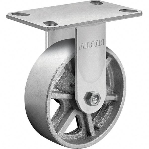 Albion - 8" Diam x 2" Wide x 10-1/8" OAH Top Plate Mount Rigid Caster - Cast Iron, 1,400 Lb Capacity, Roller Bearing, 4-1/2 x 6-1/4" Plate - Exact Industrial Supply