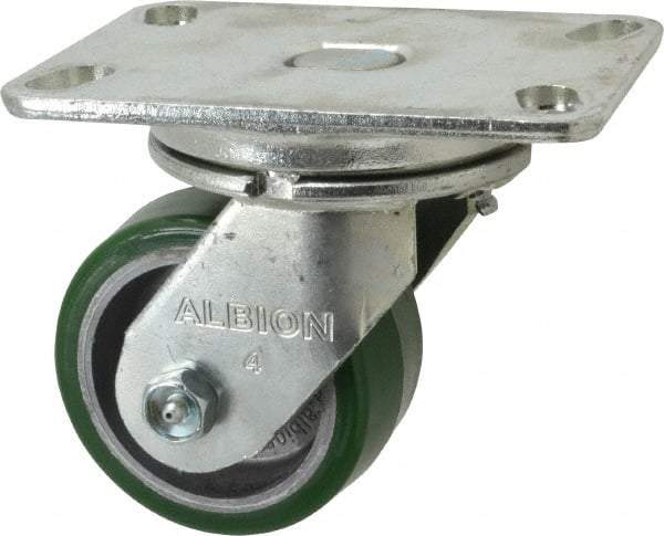 Albion - 4" Diam x 2" Wide x 5-5/8" OAH Top Plate Mount Swivel Caster - Polyurethane, 700 Lb Capacity, Roller Bearing, 4-1/2 x 6-1/4" Plate - Exact Industrial Supply