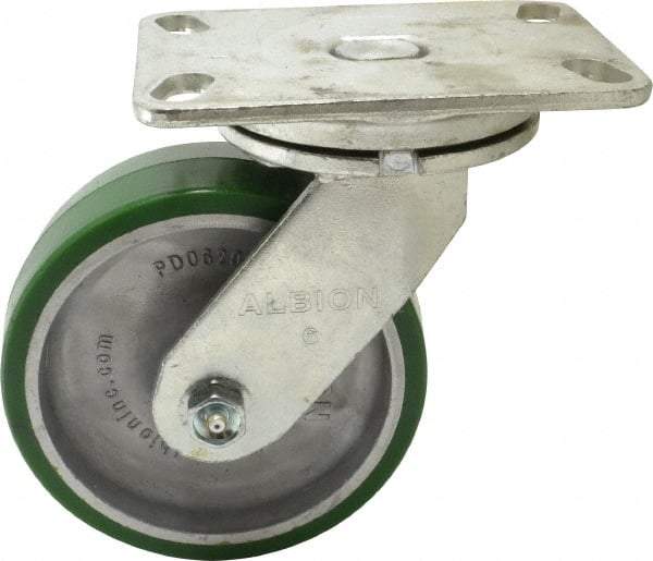 Albion - 6" Diam x 2" Wide x 7-1/2" OAH Top Plate Mount Swivel Caster - Polyurethane, 1,230 Lb Capacity, Roller Bearing, 4-1/2 x 6-1/4" Plate - Exact Industrial Supply