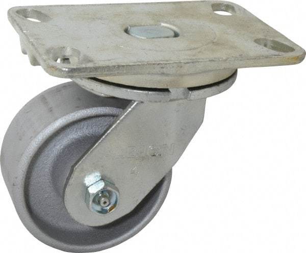 Albion - 4" Diam x 2" Wide x 5-5/8" OAH Top Plate Mount Swivel Caster - Cast Iron, 700 Lb Capacity, Roller Bearing, 4-1/2 x 6-1/4" Plate - Exact Industrial Supply