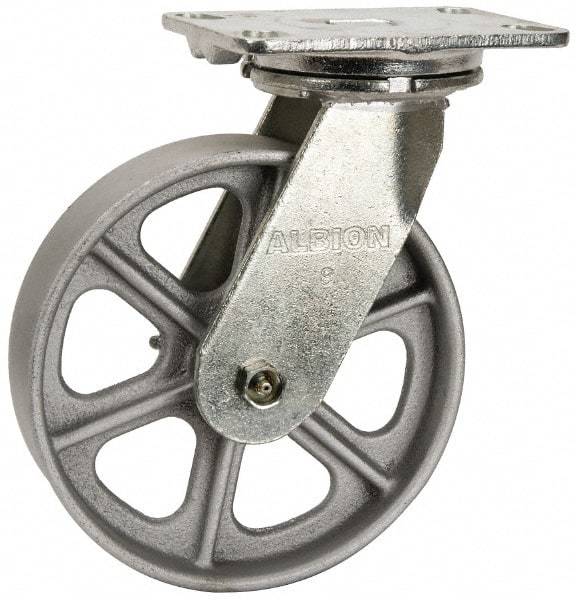 Albion - 8" Diam x 2" Wide x 10-1/8" OAH Top Plate Mount Swivel Caster - Cast Iron, 1,400 Lb Capacity, Roller Bearing, 4-1/2 x 6-1/4" Plate - Exact Industrial Supply