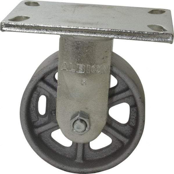 Albion - 5" Diam x 2" Wide x 6-1/2" OAH Top Plate Mount Rigid Caster - Cast Iron, 1,000 Lb Capacity, Roller Bearing, 5 x 6-1/4" Plate - Exact Industrial Supply
