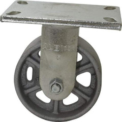 Albion - 5" Diam x 2" Wide x 6-1/2" OAH Top Plate Mount Rigid Caster - Cast Iron, 1,000 Lb Capacity, Roller Bearing, 5 x 6-1/4" Plate - Exact Industrial Supply