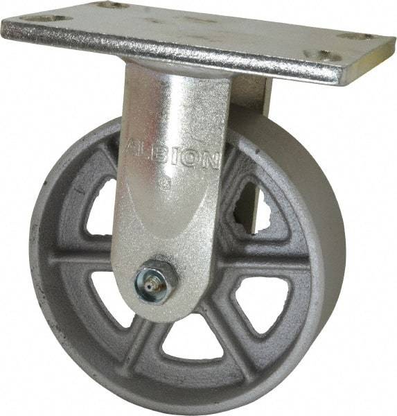 Albion - 6" Diam x 2" Wide x 7-1/2" OAH Top Plate Mount Rigid Caster - Cast Iron, 1,200 Lb Capacity, Roller Bearing, 5 x 6-1/4" Plate - Exact Industrial Supply