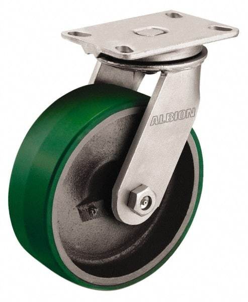 Albion - 5" Diam x 2-1/2" Wide x 6-1/2" OAH Top Plate Mount Swivel Caster - Polyurethane, 1,290 Lb Capacity, Roller Bearing, 4-1/2 x 6-1/4" Plate - Exact Industrial Supply