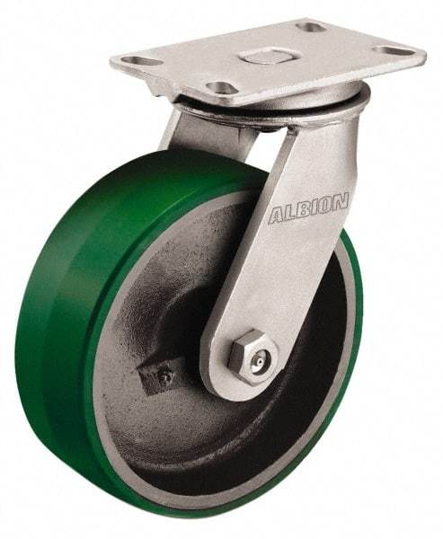 Albion - 6" Diam x 2-1/2" Wide x 7-5/8" OAH Top Plate Mount Swivel Caster - Polyurethane, 1,620 Lb Capacity, Roller Bearing, 4-1/2 x 6-1/4" Plate - Exact Industrial Supply