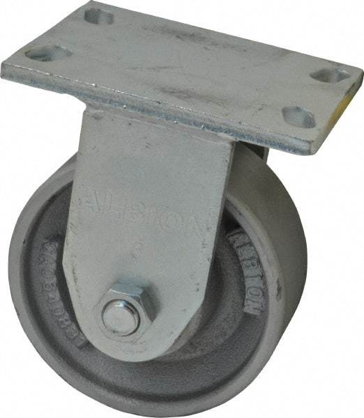 Albion - 6" Diam x 2-1/2" Wide x 7-5/8" OAH Top Plate Mount Rigid Caster - Cast Iron, 2,000 Lb Capacity, Roller Bearing, 5 x 6-1/4" Plate - Exact Industrial Supply