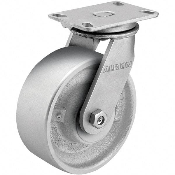 Albion - 8" Diam x 3" Wide x 10-1/8" OAH Top Plate Mount Rigid Caster - Cast Iron, 2,000 Lb Capacity, Roller Bearing, 5 x 6-1/4" Plate - Exact Industrial Supply