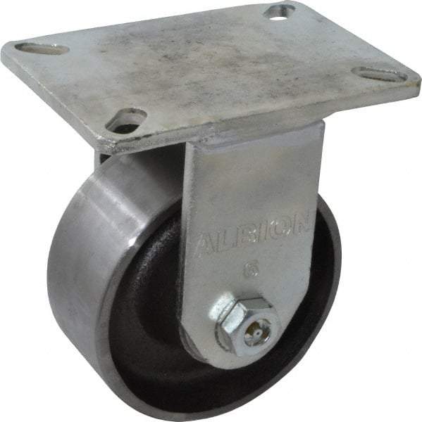 Albion - 6" Diam x 2-1/2" Wide x 8" OAH Top Plate Mount Rigid Caster - Forged Steel, 3,500 Lb Capacity, Roller Bearing, 5 x 7-1/4" Plate - Exact Industrial Supply
