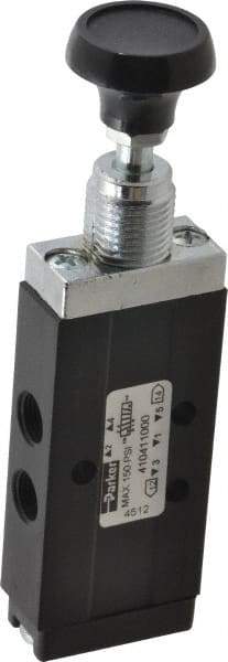 Parker - 0.20 CV Rate, 1/8" NPT Inlet Direct Air 2 Mechanical Spool Valve - 4 Way, 2 Position, 150 Max psi, Button Spring Return - Exact Industrial Supply