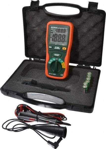 Extech - Digital LCD Display, 2,000 Megohm Electrical Insulation Resistance Tester & Megohmmeter - 1,000 VAC Max Test Voltage, Powered by 1.5V AA Battery - Exact Industrial Supply