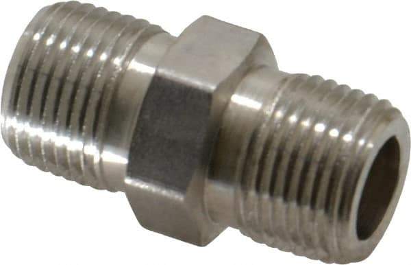 Made in USA - 3/8" Grade 316 Stainless Steel Pipe Hex Nipple - MNPTF x MNPTF End Connections - Exact Industrial Supply