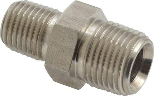Made in USA - 3/8 x 1/4" Grade 316 Stainless Steel Pipe Hex Nipple - MNPTF x MNPTF End Connections - Exact Industrial Supply