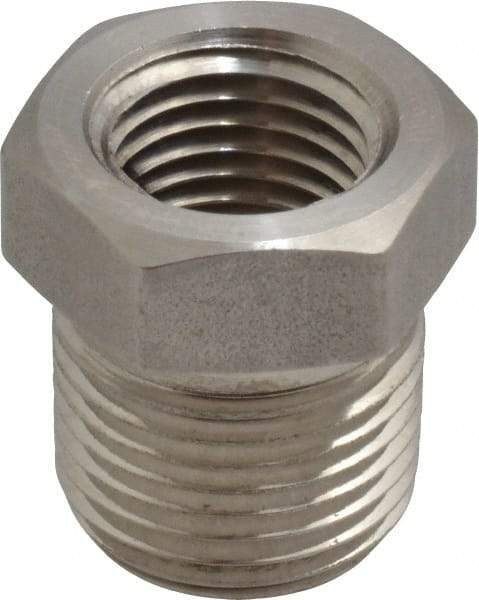 Made in USA - 3/8 x 1/4" Grade 316 Stainless Steel Pipe Hex Bushing - MNPTF x FNPTF End Connections - Exact Industrial Supply
