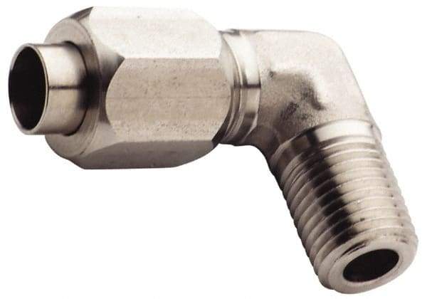 Made in USA - 1" Tube OD, 37° Stainless Steel Flared Tube Male Elbow - 3/4-14 NPTF, Flare x MNPTF Ends - Exact Industrial Supply