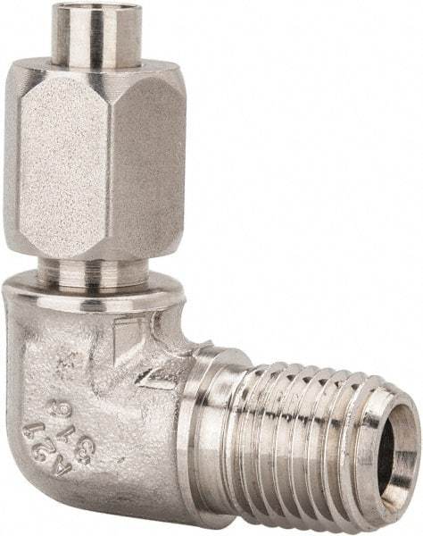 Made in USA - 1/4" Tube OD, 37° Stainless Steel Flared Tube Male Elbow - 1/4-18 NPTF, Flare x MNPTF Ends - Exact Industrial Supply