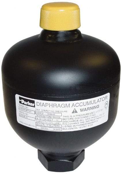 Parker - 5 Lb. Capacity, 3,620 psi Max Working Pressure, 4.35" High, Hydrin Diaphragm Accumulator - 2.52" Diam, 6 SAE Port Thread - Exact Industrial Supply