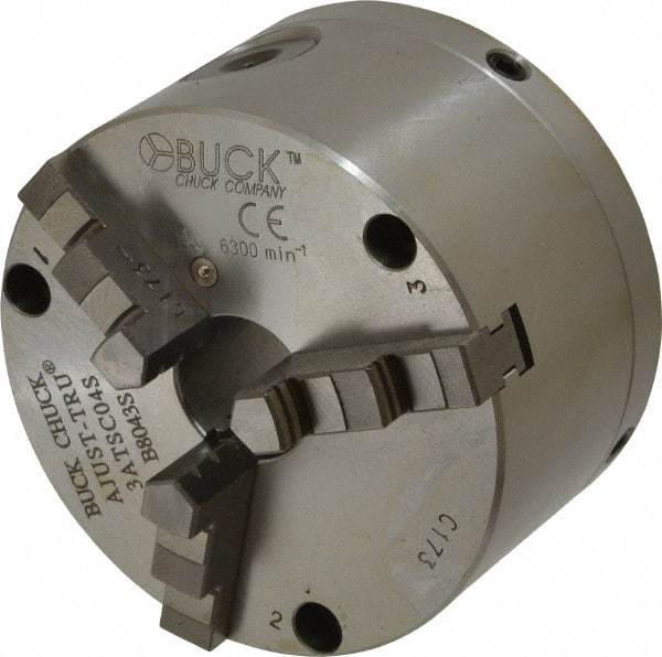 Buck Chuck Company - 3 Jaws, 4" Diam, Self Centering Manual Lathe Chuck - Front Mount, Adjustable, 6,300 Max RPM, 1.04" Through Hole Diam, Forged Steel - Exact Industrial Supply