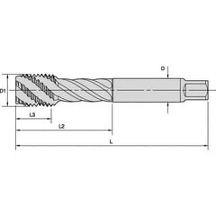 Kennametal - M3x0.50 Metric 3 Flute 6HX Modified Bottoming Spiral Flute Tap - Powdered Metal, TiN/CrC/C Finish, 56mm OAL, Right Hand Flute, Right Hand Thread, Series T630 - Exact Industrial Supply