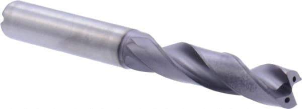 Kennametal - 3/8" 180° Spiral Flute Solid Carbide Screw Machine Drill Bit - Multilayer TiAlN Finish, Right Hand Cut, 47mm Flute Length, 89mm OAL, Flat-Bottom Point, Straight Shank, Through Coolant - Exact Industrial Supply