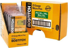 Stanley Bostitch - 23 Gauge 0.0281" Shank Diam 1-3/16" Long Pin Nails for Power Nailers - Steel, Bright Finish, Smooth Shank, Straight Stick Adhesive Collation, Round Head, Diamond Point - Exact Industrial Supply