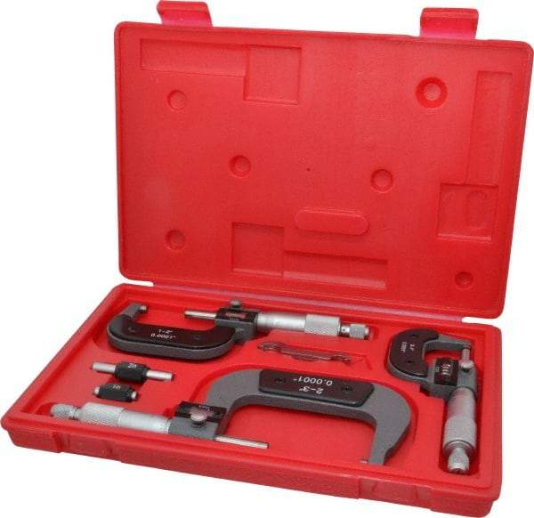 Value Collection - 0 to 3" Range, 3 Piece Mechanical Outside Micrometer Set - 0.0001" Graduation, 0.000160, 0.000200 Accuracy, Ratchet Stop Thimble - Exact Industrial Supply