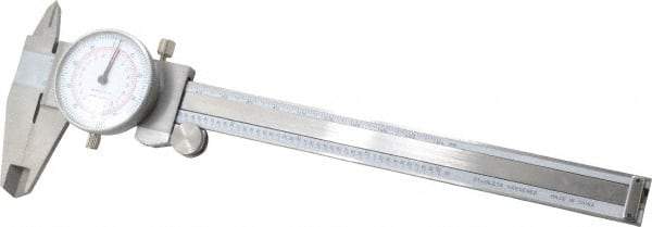 Value Collection - 0mm to 6" Range, 0.001" and 0.02 mm Graduation, 0.1" per Revolution, Dial Caliper - White Face, 1.57" Jaw Length - Exact Industrial Supply