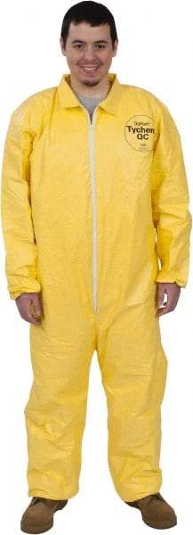 Dupont - Size L PE Film Chemical Resistant Coveralls - Yellow, Zipper Closure, Open Cuffs, Open Ankles, Serged Seams - Exact Industrial Supply