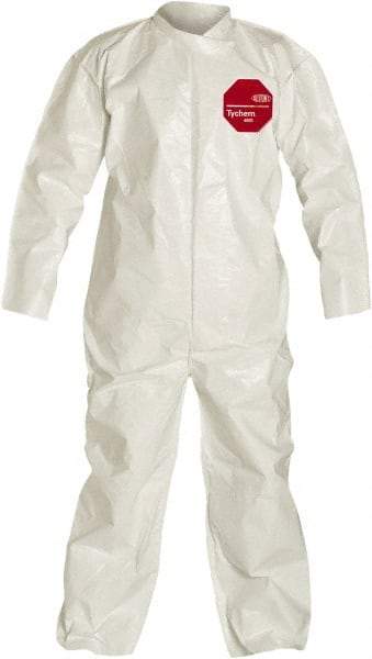 Dupont - Size L Saranex Chemical Resistant Coveralls - White, Zipper Closure, Open Cuffs, Open Ankles, Bound Seams - Exact Industrial Supply